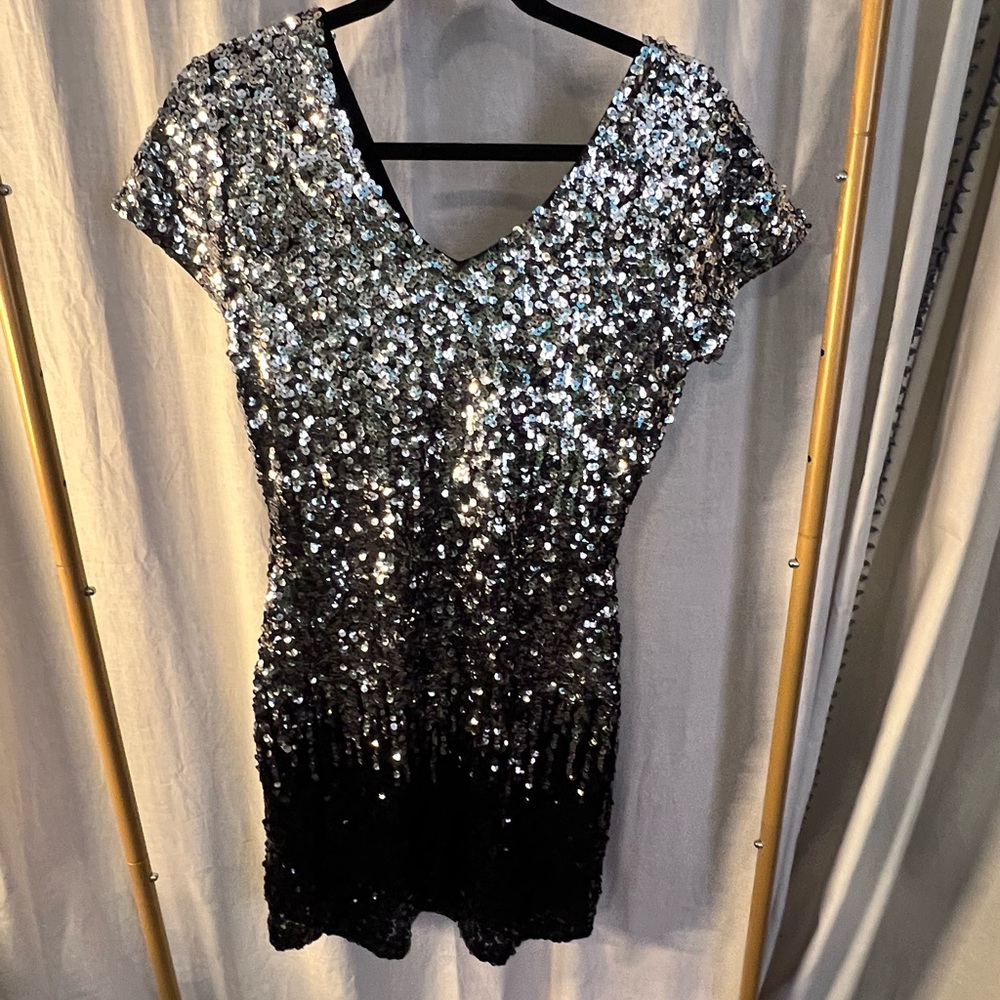 Women's Sequin Glitter Short Sleeve Dress Sexy V Neck Mini Party dress-M